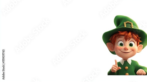 Cheerful leprechaun character, white isolate background.