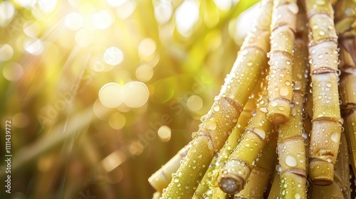 Lemongrass aroma offers organic freshness. Sugarcane with sunlight and dew droplets