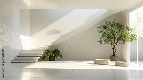 Floating staircase in a minimalist white interior
