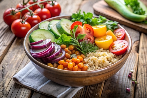 A healthy meal bowl with fresh vegetables and grains on a wooden table