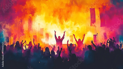 A lively gospel performance captivates the audience at a festival, where vibrant colors and banners enhance the energetic atmosphere. People joyfully sing together