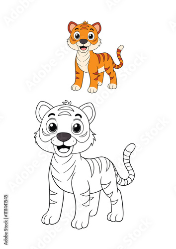 A cute tiger stands happily, smiling warmly with wide eyes and a playful tail curl. Perfect for kids to color, bringing the adorable scene to life with creativity!
