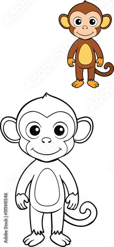 "Adorable monkey standing and smiling warmly, with big round eyes and a cheerful expression. Perfect for kids to color and bring to life with their favorite shades!"