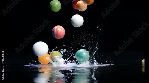 Colorful Spheres Floating Over Water on a Dark Background