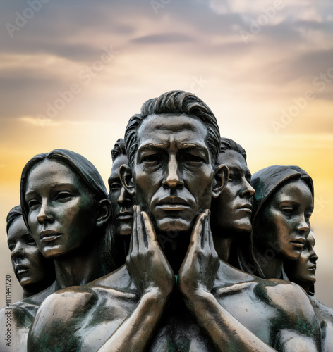 Unity standing together, monument bronze statue, headshot of group of people men and woman, hands on the chin, tough rough look, propaganda soviet republics, communist era cold war photo