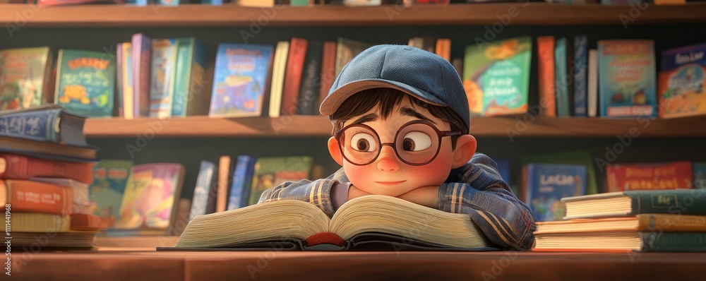 A young boy with glasses and a cap is sitting at the table in front of books. He has his head resting on one book, as if reading it intently A young boy with glasses and a cap is sitting at the table in front of books. He has his head resting on one book, as if reading it intently