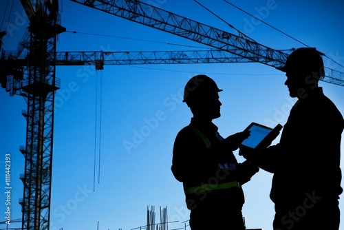 Two construction workers discussing project plans on a tablet device against a silhouette of cranes and a construction site during sunset hours, symbolizing teamwork and innovation in engineering photo