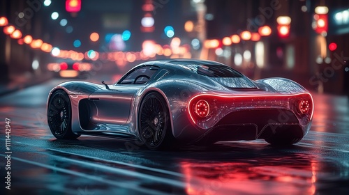 Sleek Futuristic Red Sports Car Speeding Through Rainy City Streets at Night