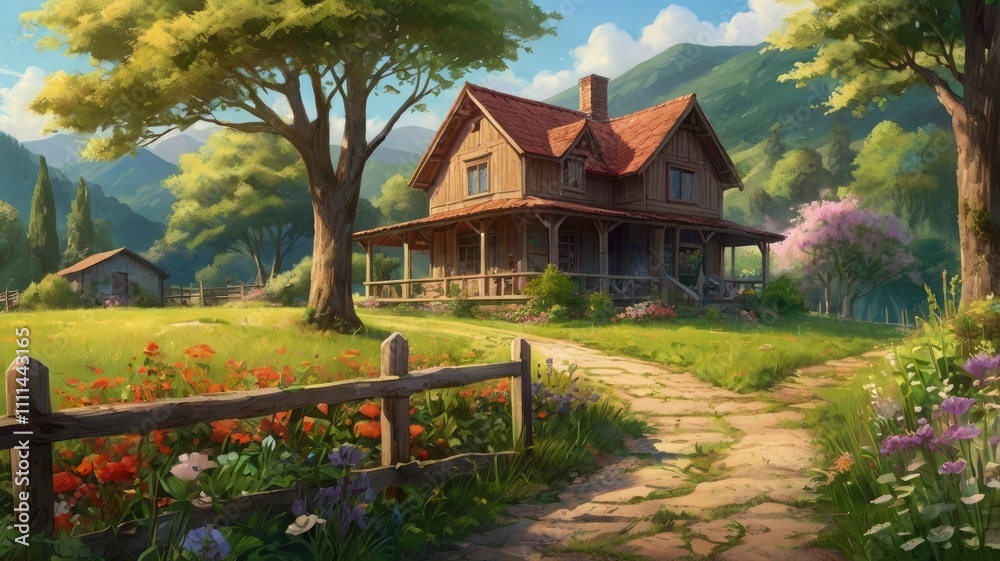 A beautiful country house nestled amidst lush greenery and rolling hills. The house is made of warm, weathered wood with a red tile roof, complete with a stone chimney that emits soft wisps of smoke. A beautiful country house nestled amidst lush greenery and rolling hills. The house is made of warm, weathered wood with a red tile roof, complete with a stone chimney that emits soft wisps of smoke.