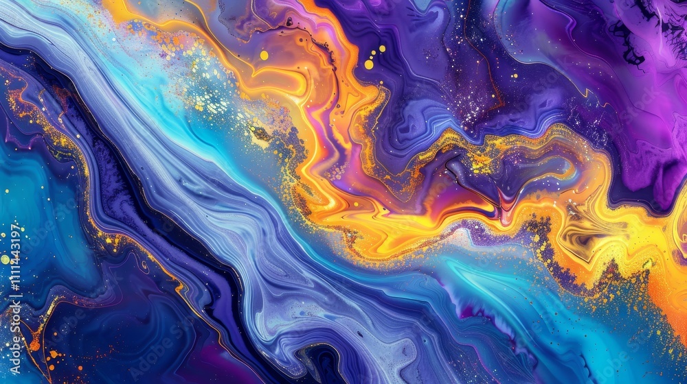 Abstract painting background showing a mesmerizing mix of blue, purple, orange, and gold colors creating a vibrant and luxurious artwork Abstract painting background showing a mesmerizing mix of blue, purple, orange, and gold colors creating a vibrant and luxurious artwork