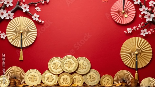 Traditional chinese decor with gold coins and paper fans on red background
