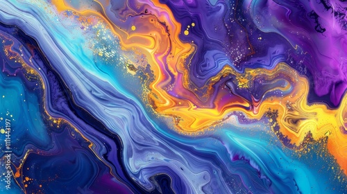 Abstract painting background showing a mesmerizing mix of blue, purple, orange, and gold colors creating a vibrant and luxurious artwork