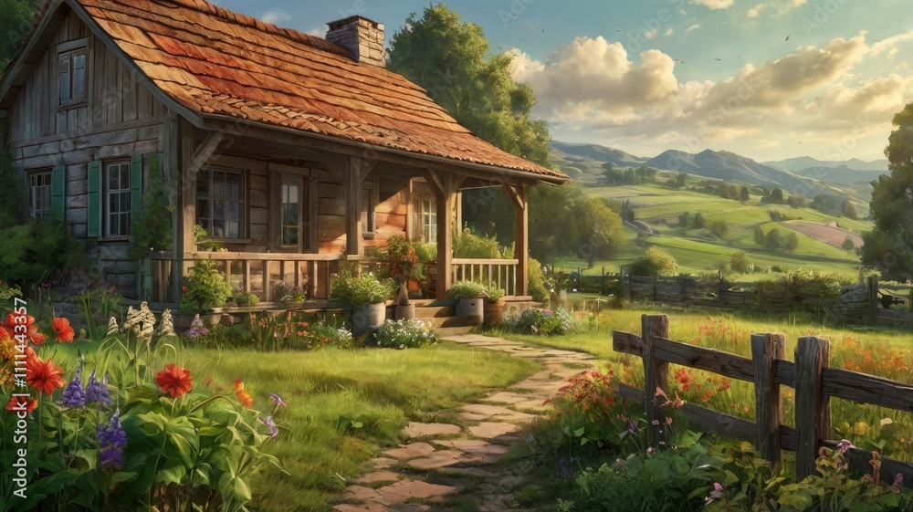 A beautiful country house nestled amidst lush greenery and rolling hills. The house is made of warm, weathered wood with a red tile roof, complete with a stone chimney that emits soft wisps of smoke. A beautiful country house nestled amidst lush greenery and rolling hills. The house is made of warm, weathered wood with a red tile roof, complete with a stone chimney that emits soft wisps of smoke.