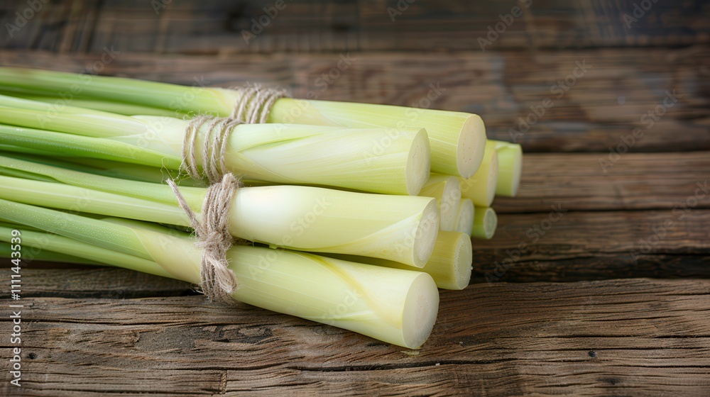 Lemongrass aroma offers organic freshness. Fresh green onions on rustic wood background Lemongrass aroma offers organic freshness. Fresh green onions on rustic wood background