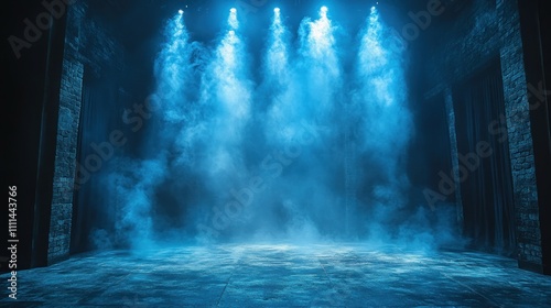 Dark Blue Misty Stage with Ethereal Lighting for Concerts and Events photo