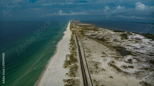 JULY 13, 2023, PENSACOLA, FL., USA - aerial view of sunrise on Pensacola National Seashore on Gulf of Mexico outside of Pensacola