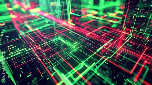 Complex network structure made of glowing green and red lines  representing digital data flow in futuristic cyberspace