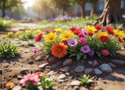 Colorful blooms bursting forth from the ground on a sunny spring morning , vibrant, bloom, greenery