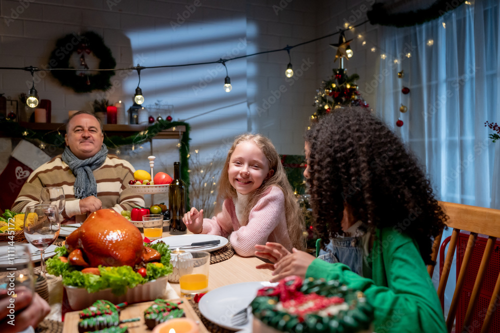 Multiracial lovely family celebrating Christmas party together in house. Multiracial lovely family celebrating Christmas party together in house.