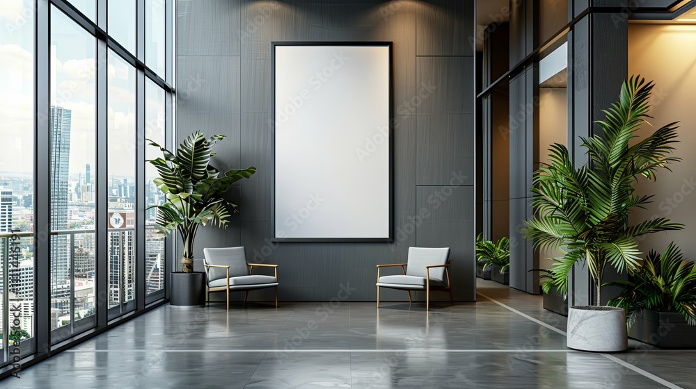 Modern Lobby with Blank Canvas, City View, and Minimalist Seating Modern Lobby with Blank Canvas, City View, and Minimalist Seating