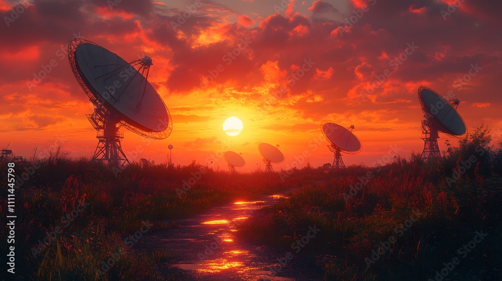 Silhouettes of four large radio telescope dishes against the backdrop of an evening sky with clouds, with one dish in focus and three more blurred behind it,
Silhouettes of four large radio telescope dishes against the backdrop of an evening sky with clouds, with one dish in focus and three more blurred behind it,