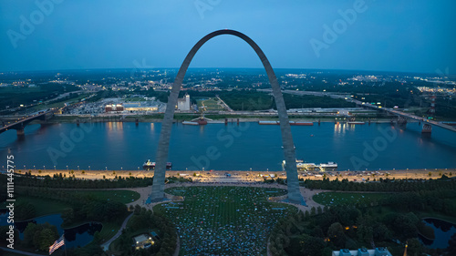 JULY 4, 2023, ST. LOUIS, MO., USA - dusk on St. Louis skyline featuring Gateway Arch on July 4 before fireworks photo