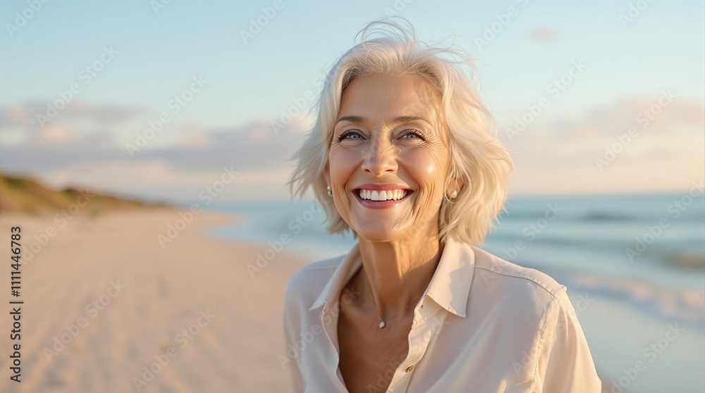 Joyful senior woman smiling on a serene beach at sunset Joyful senior woman smiling on a serene beach at sunset