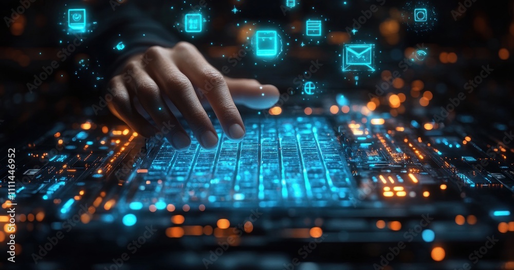 Obraz premium E-Learning AI Technology in Cyberpunk Environment Transparent Keyboard Online Education Courses Digital Innovation