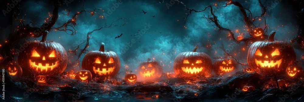 Halloween Scene Digital Painting Jack O Lanterns Glowing Pumpkin Spooky Dark Landscape Night Bats Cemetery Halloween Scene Digital Painting Jack O Lanterns Glowing Pumpkin Spooky Dark Landscape Night Bats Cemetery