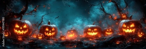 Halloween Scene Digital Painting Jack O Lanterns Glowing Pumpkin Spooky Dark Landscape Night Bats Cemetery