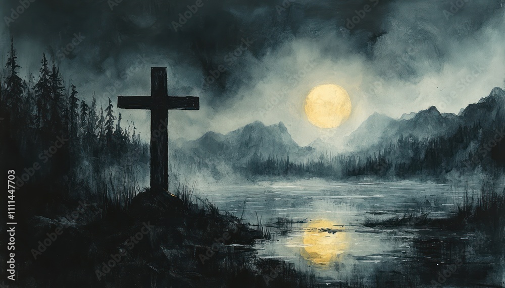 Crucifix Ink Wash Artwork Misty Mountains Chiaroscuro Horizon Reflective Water Tranquil Atmosphere