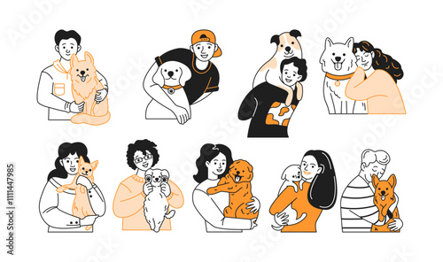 Happy pet owners hugging dogs flat color linear icons collection. People expressing love and tenderness characters set on white background