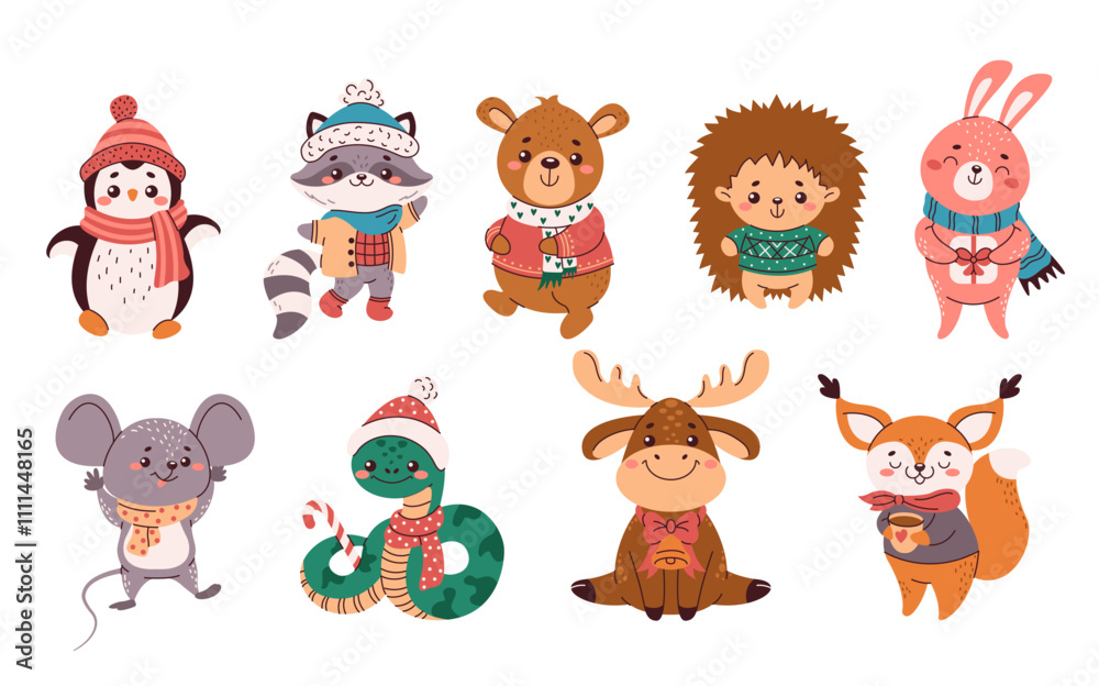 Obraz premium Cute animals in winter outfits flat color vector objects set. Symbols of Christmas and New Year illustrations bundle on white background