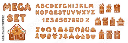 Gingerbread ABC digits and houses flat color vector objects mega set. Christmas symbols for festive design illustrations bundle on white