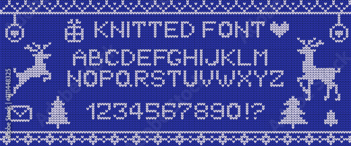 Knitted letters and digits font elements and icons vector illustrations on blue background. Christmas and New Year winter design elements collection