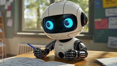 Cute little robot sitting on a school lesson desk. 4k animation video photo