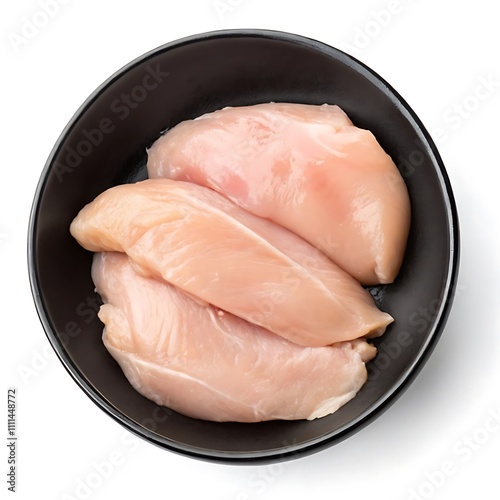 Top View Black Bowl with Raw Chicken Fillets Isolated on White Background