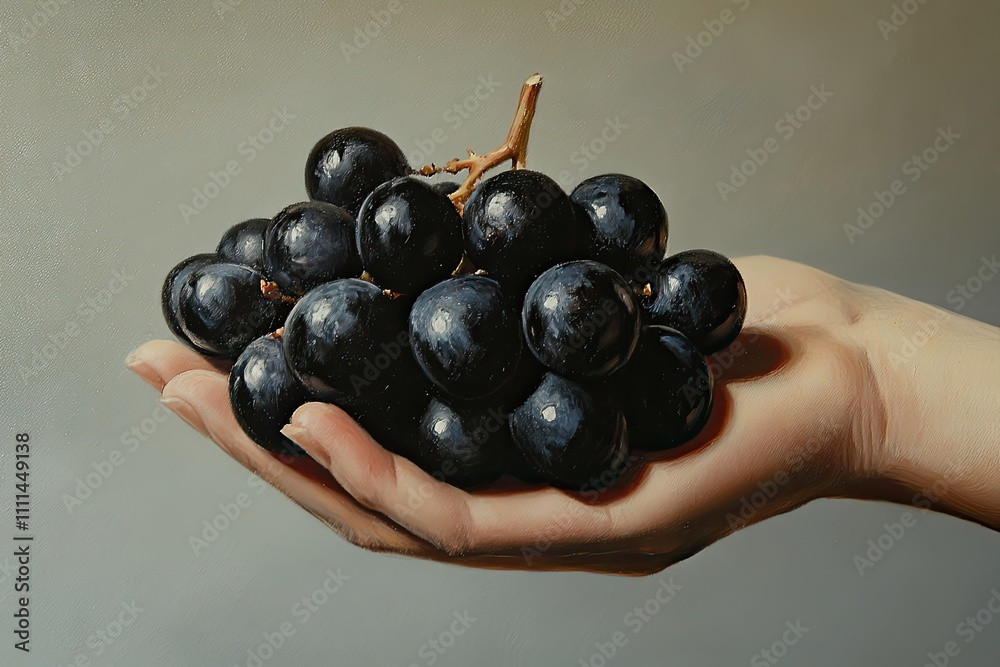 A luscious bunch of black grapes held in a hand their glossy surface contrasting with a neutral gray background A luscious bunch of black grapes held in a hand their glossy surface contrasting with a neutral gray background