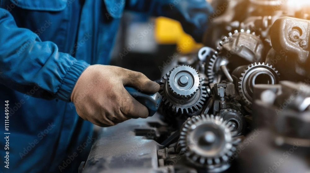 Skilled technician working on mechanical gears in a workshop, focused on maintenance, repair, and precision engineering for modern machinery and equipment Skilled technician working on mechanical gears in a workshop, focused on maintenance, repair, and precision engineering for modern machinery and equipment