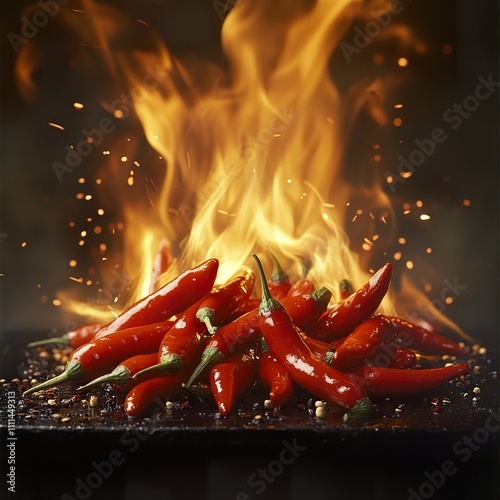 Fiery Red Chili Peppers in Blazing Flames photo