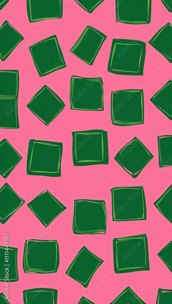 Green Square pattern hand drawn design on Pink background illustration Green Square pattern hand drawn design on Pink background illustration