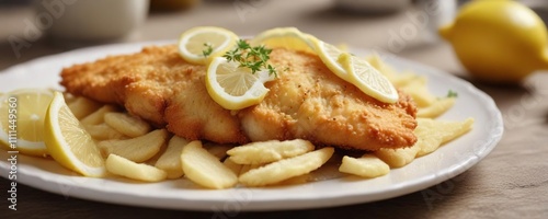 Golden brown crispy batter covered fish on a plate with a side of fluffy white chips and a squeeze of fresh lemon juice, lemon wedge, plate