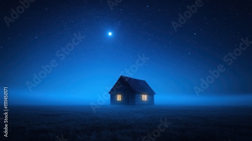 Silhouette of Rustic Cabin Under Starry Night Sky with Bright Star and Mystical Fog