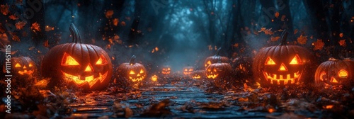 Spooky Halloween Background Wallpaper with Jack O Lanterns Glowing in Dark Forest Landscape at Night with Bats and Mist