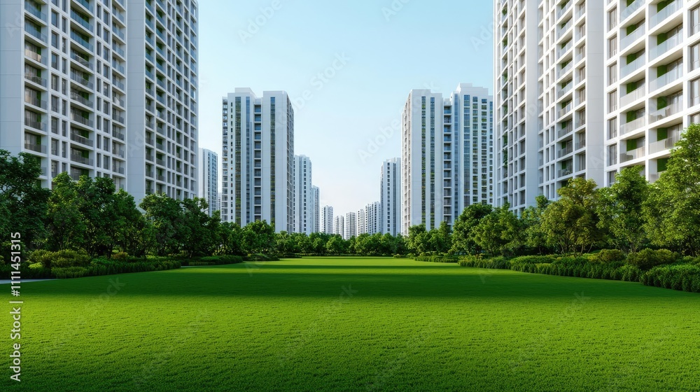 Obraz premium Modern residential buildings with lush green landscape in urban setting.