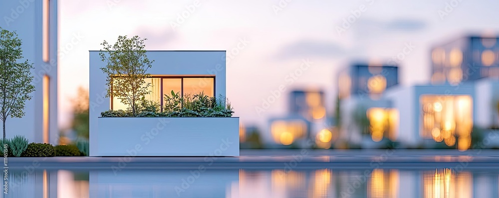Fototapeta premium Modern architectural house with large windows, greenery and reflection on water.
