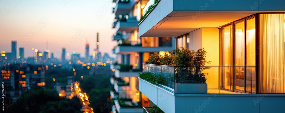 Modern apartment balcony at sunset with city skyline views and warm lighting. Modern apartment balcony at sunset with city skyline views and warm lighting.