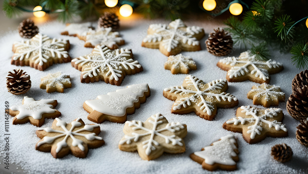 Festive cookies decorated for the holiday season on a snowy table Festive cookies decorated for the holiday season on a snowy table