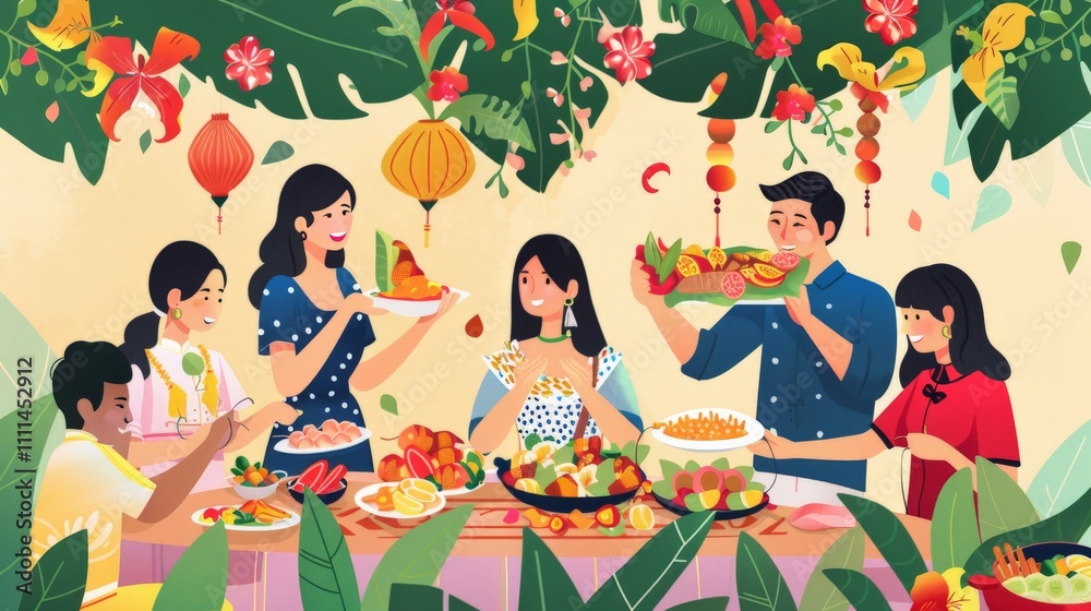 Illustration of a festive Thai celebration with Som Tum being served as part of the feast Illustration of a festive Thai celebration with Som Tum being served as part of the feast