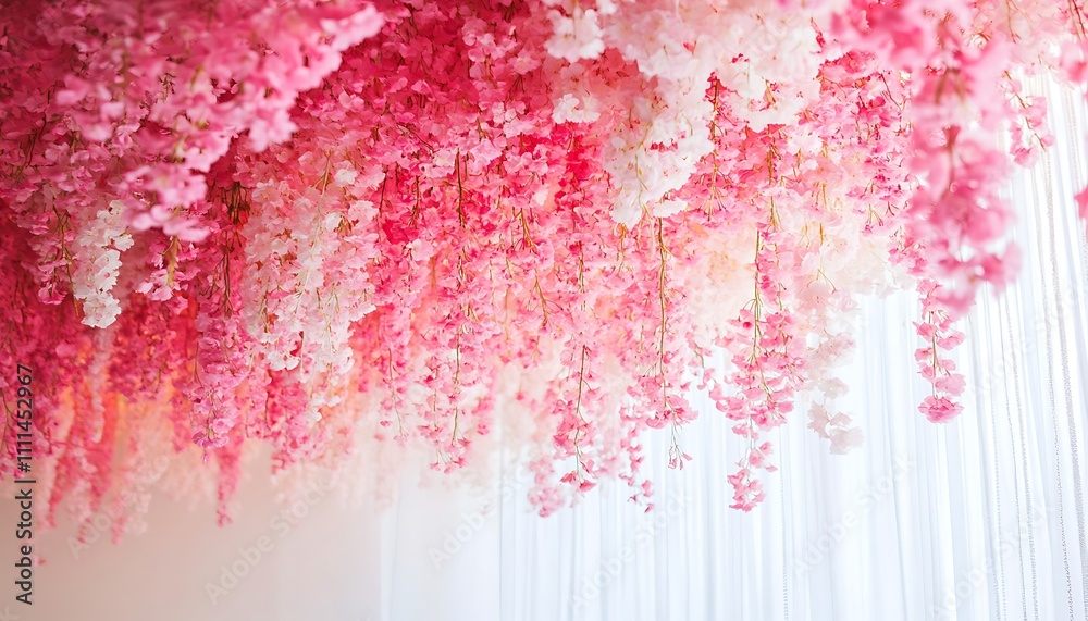 Obraz premium A vibrant display of pink and white artificial flowers hanging from the ceiling.
